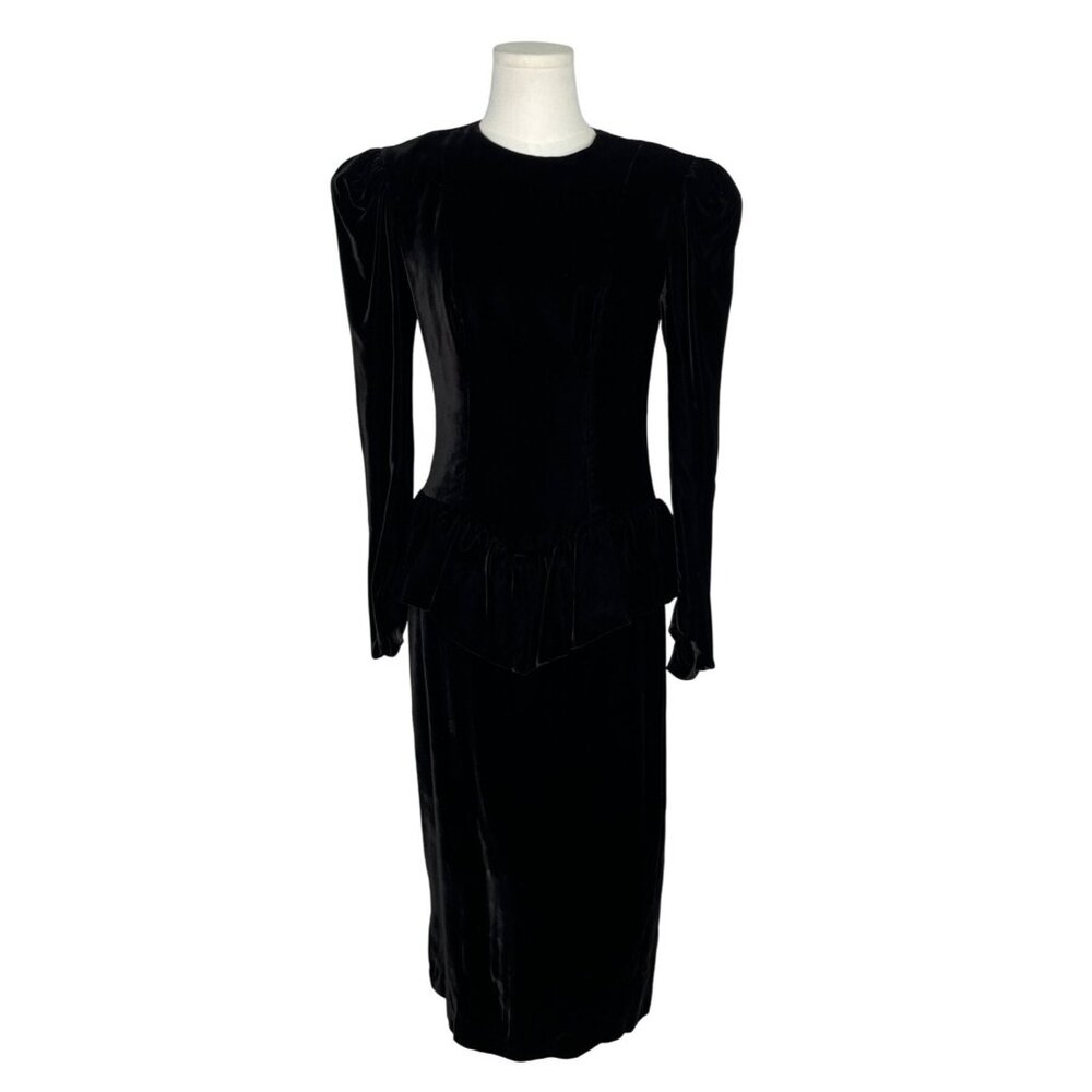 Vtg 80s Wayne Clark Black Velvet Dress With Puff Sleeves & Bow Back Detail Sz 4